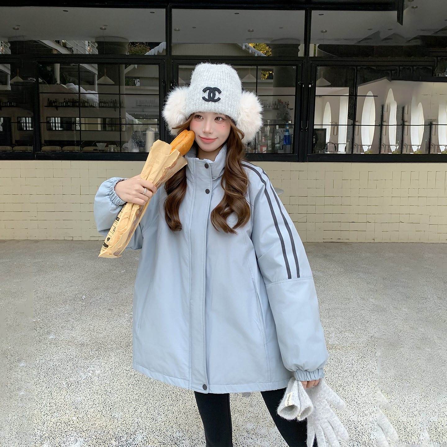 立领蓝色拼接羽绒服女冬季2025新