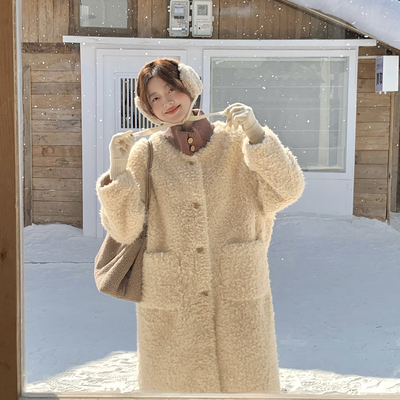 针织拼接毛毛长款外套女冬季2025