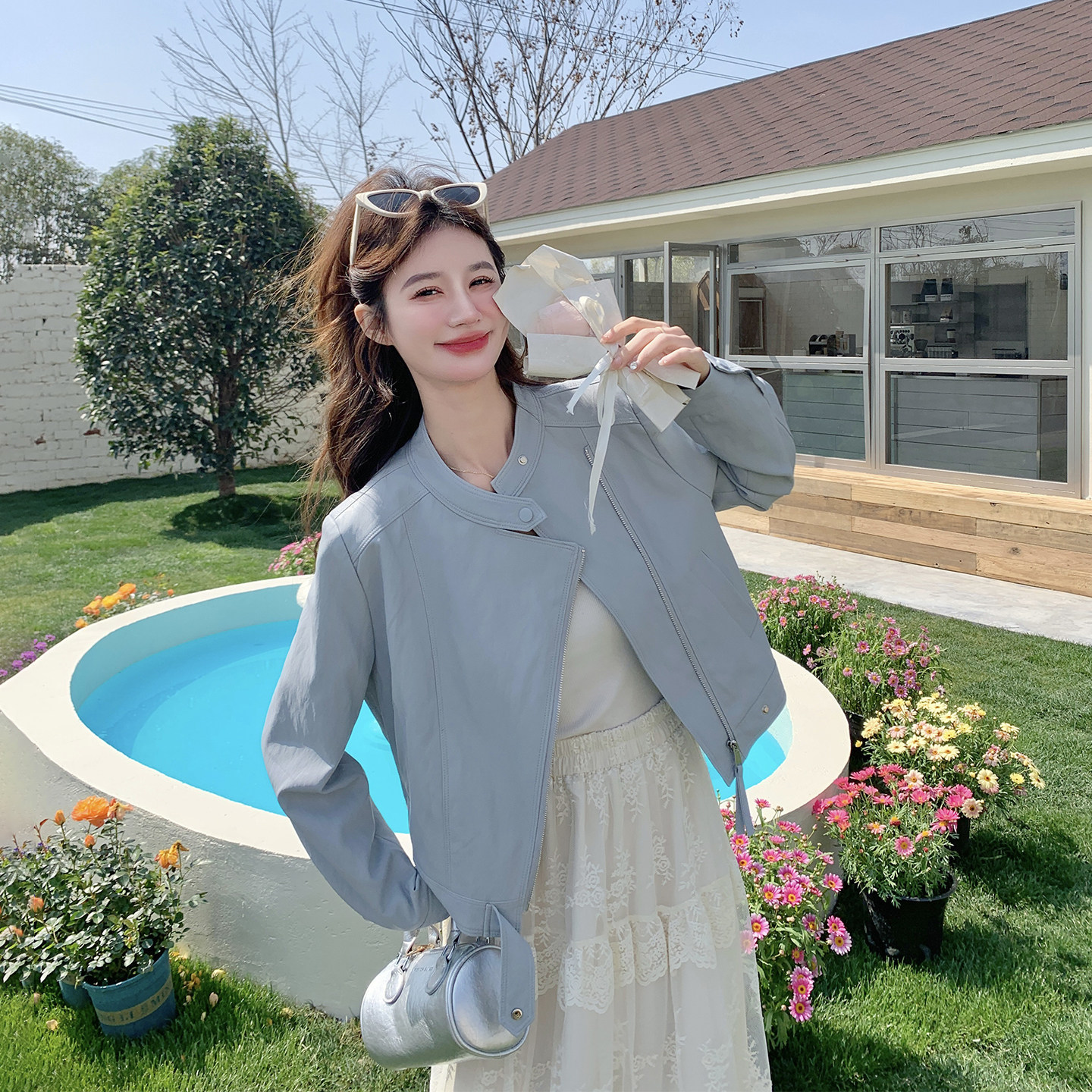 圆领蓝色爆款高级感皮衣外套女春季2026新款可盐可甜小个子PU夹克