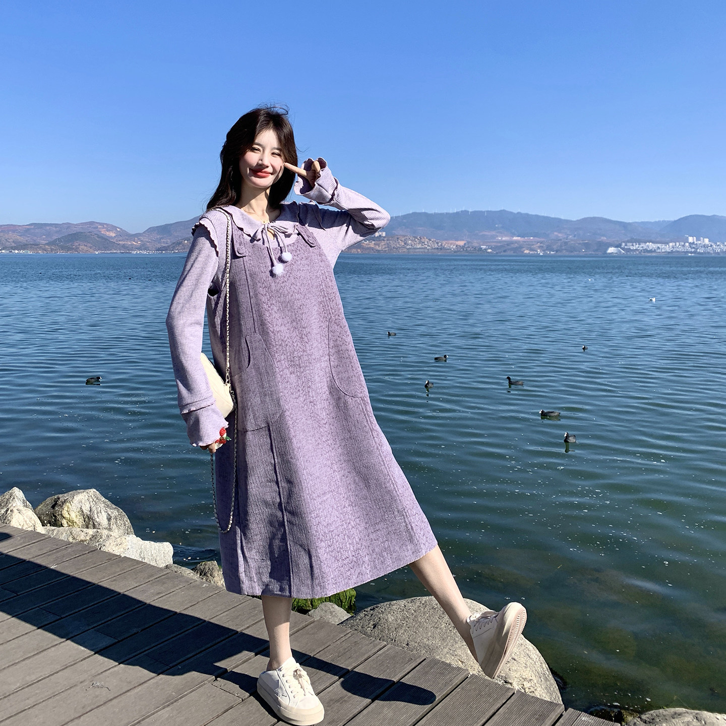 甜美漂亮紫色背心连衣裙套装女春季2026新款气质娃娃领衬衫两件套