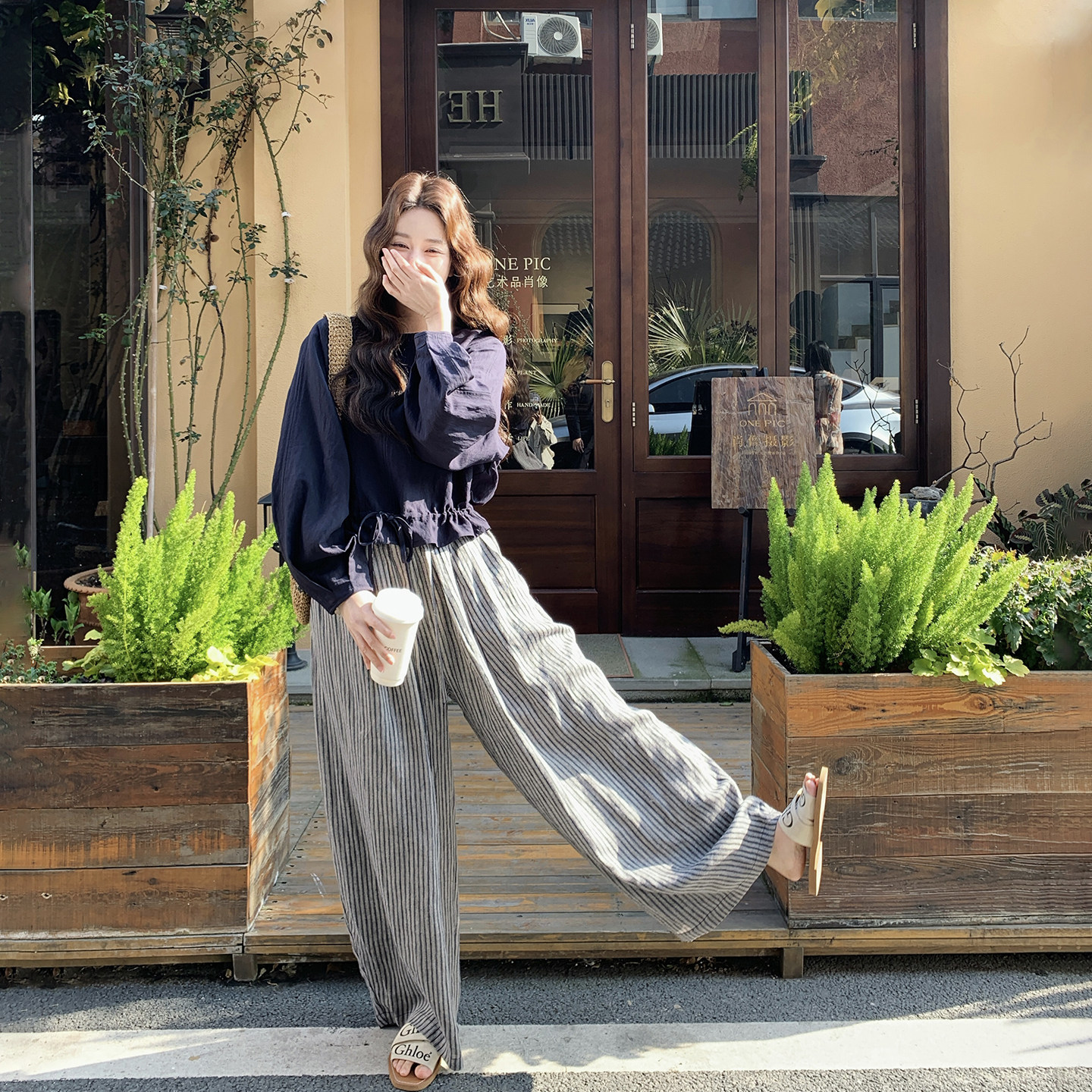 韩风chic一整套减龄气质衬衫套装女春季2026新款条纹阔腿裤两件套