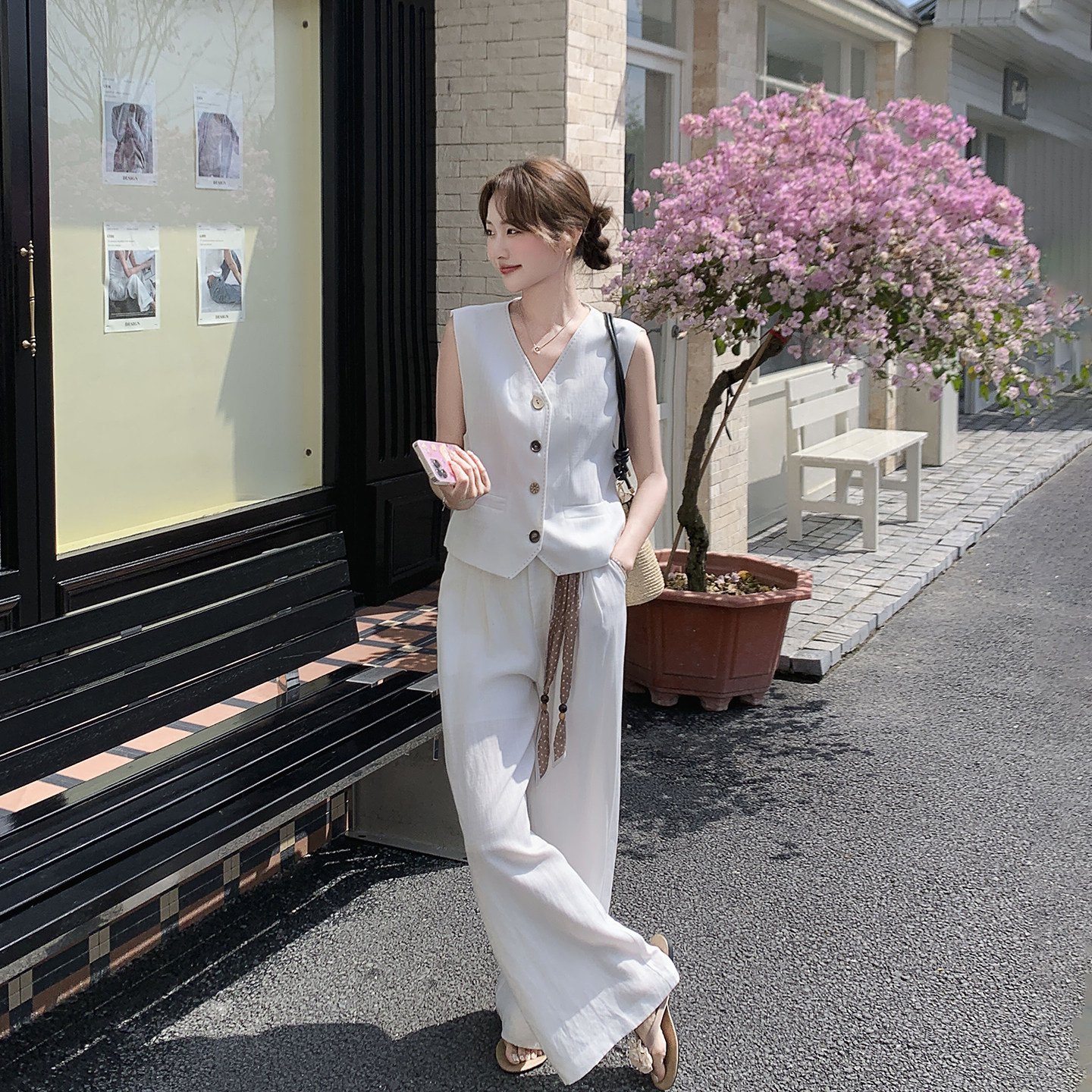 老钱风白色马甲套装女夏季2026新款流行爆款超火高腰阔腿裤两件套