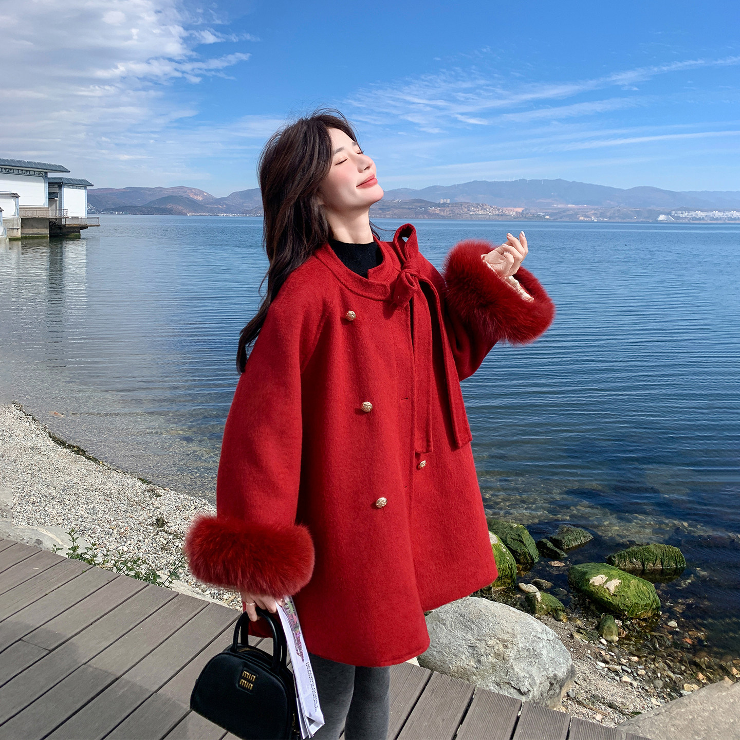 小香风甜美气质感红色90羽绒服毛呢外套女冬季2025新款中长款大衣