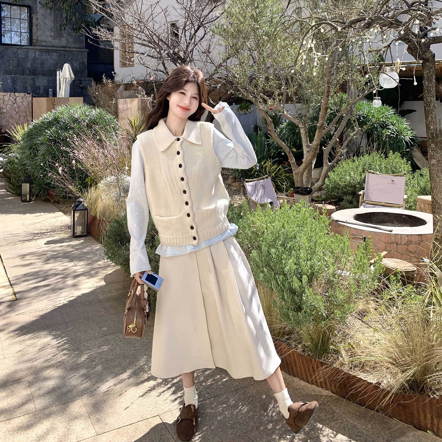 独特漂亮甜美毛衣马甲套装女春季2026新款气质雪尼尔半身裙三件套