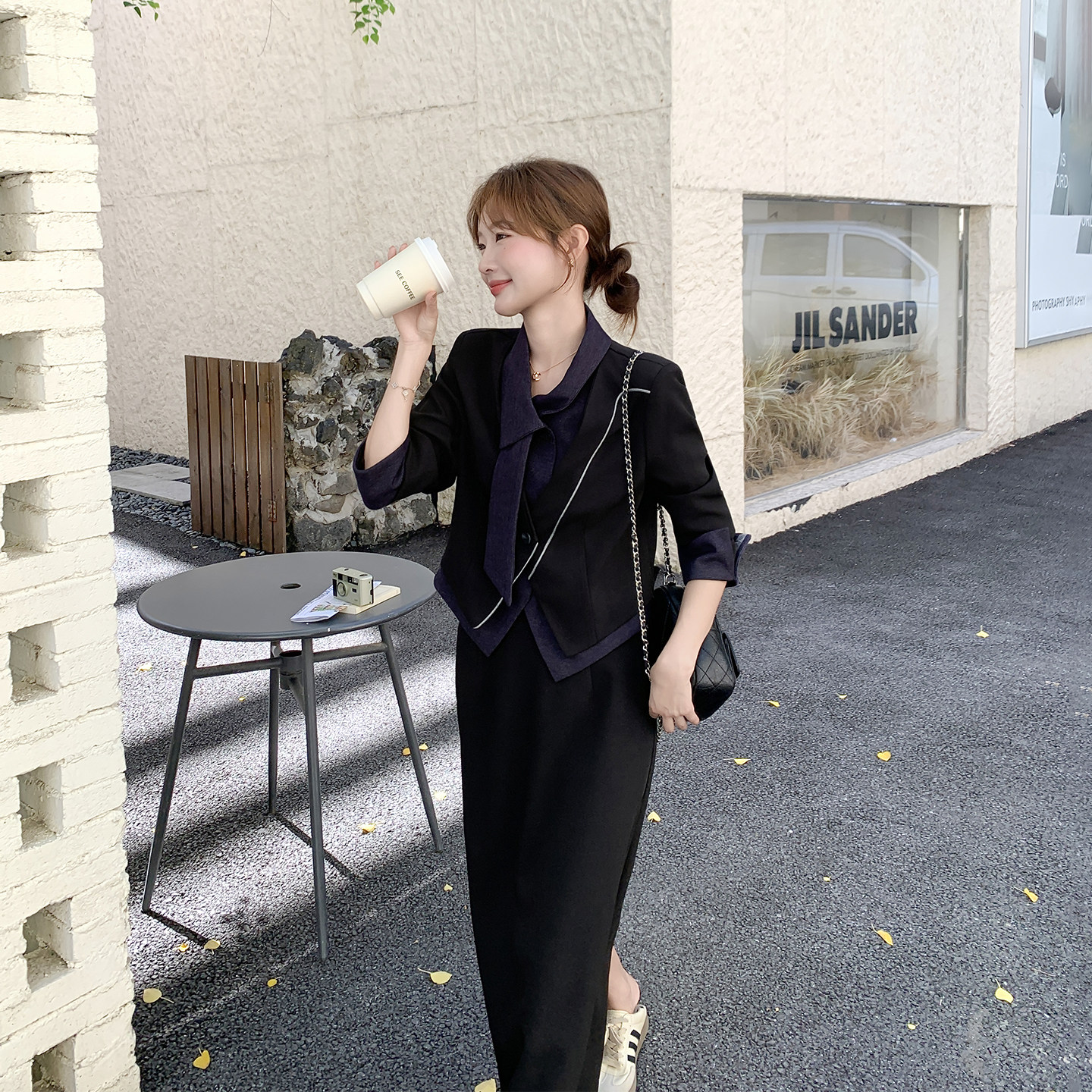 气质牛仔拼接西装套装女春季2026新款今年流行巨好看半身裙两件套