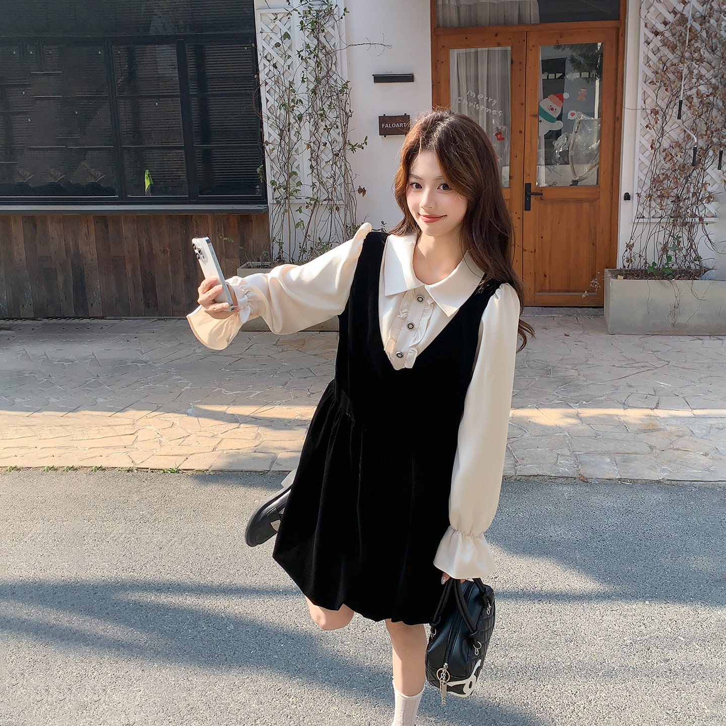 法式假两件丝绒拼接连衣裙女春季2026新款小个子赫本风巨好看裙子