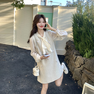 气质小香风甜美背心连衣裙女春季2026新款小个子蝴蝶结衬衫两件套