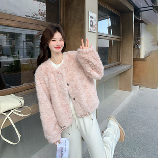 粉色环保皮草外套女冬季2025新款短款小个子毛绒绒超火巨好看上衣