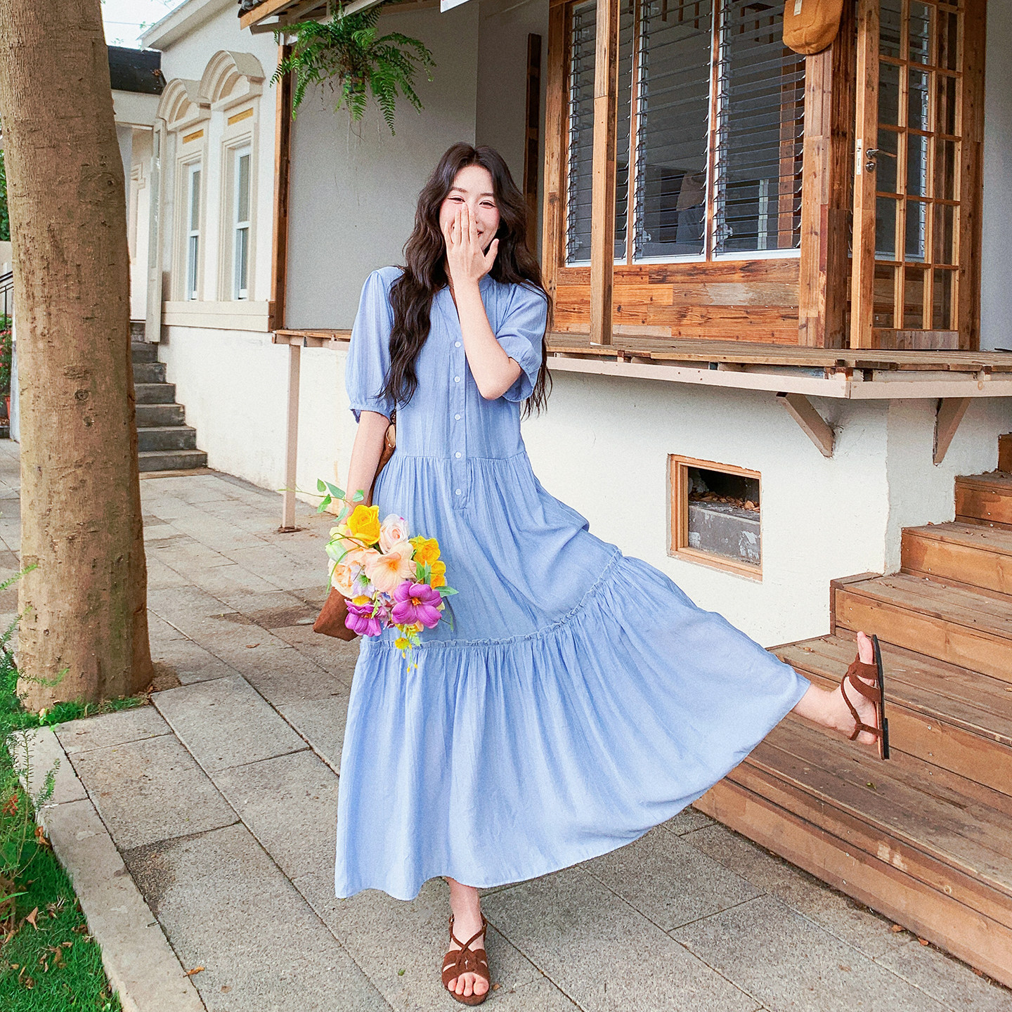 浅蓝色甜美减龄衬衫连衣裙女夏季