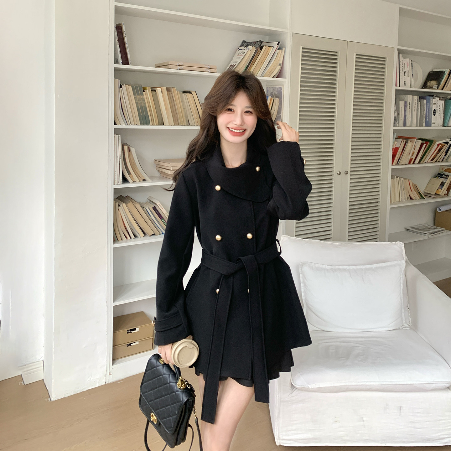 千金风黑色双面毛呢风衣外套女春季2026新款收腰显瘦气质超火大衣