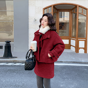 红色羽绒毛呢外套短裙套装女冬季2025新款小个子爆款高级感两件套