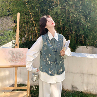 氛围感新中式国风牛仔刺绣套装女春季2026新款马甲叠穿衬衫两件套