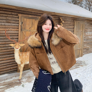 大毛领咖色麂皮绒短款羽绒服派克服女冬季2025新款小个子超火外套