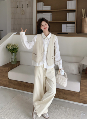休闲风穿搭一整套设计感马甲套装女春季2026新款衬衫阔腿裤三件套