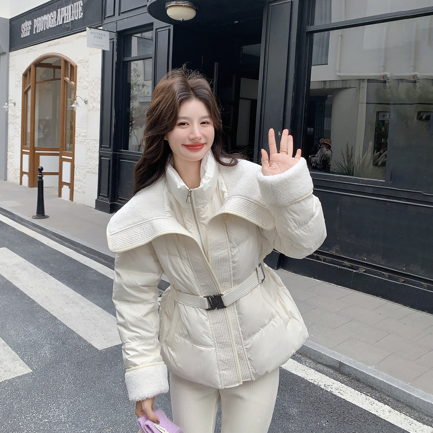 针织拼接假两件米白色羽绒服女冬