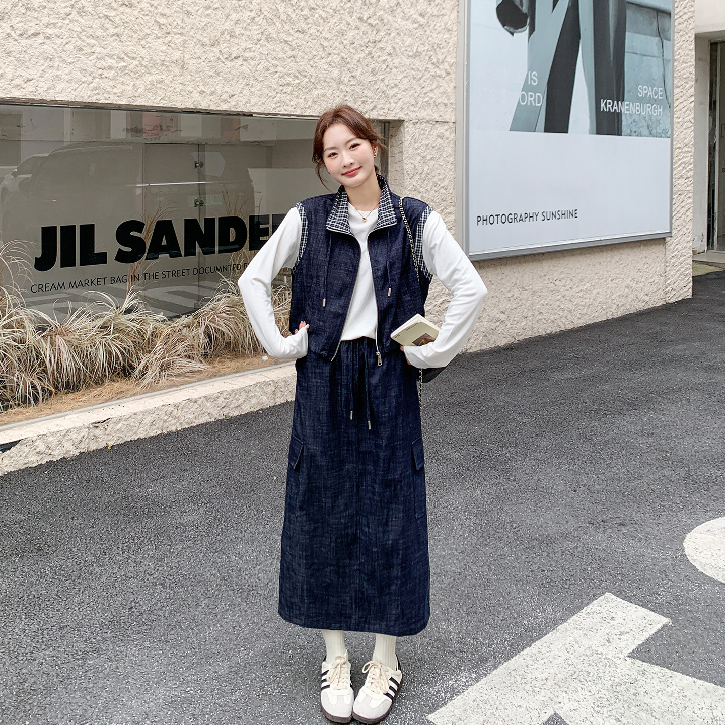 格子拼接休闲牛仔马甲T恤套装女