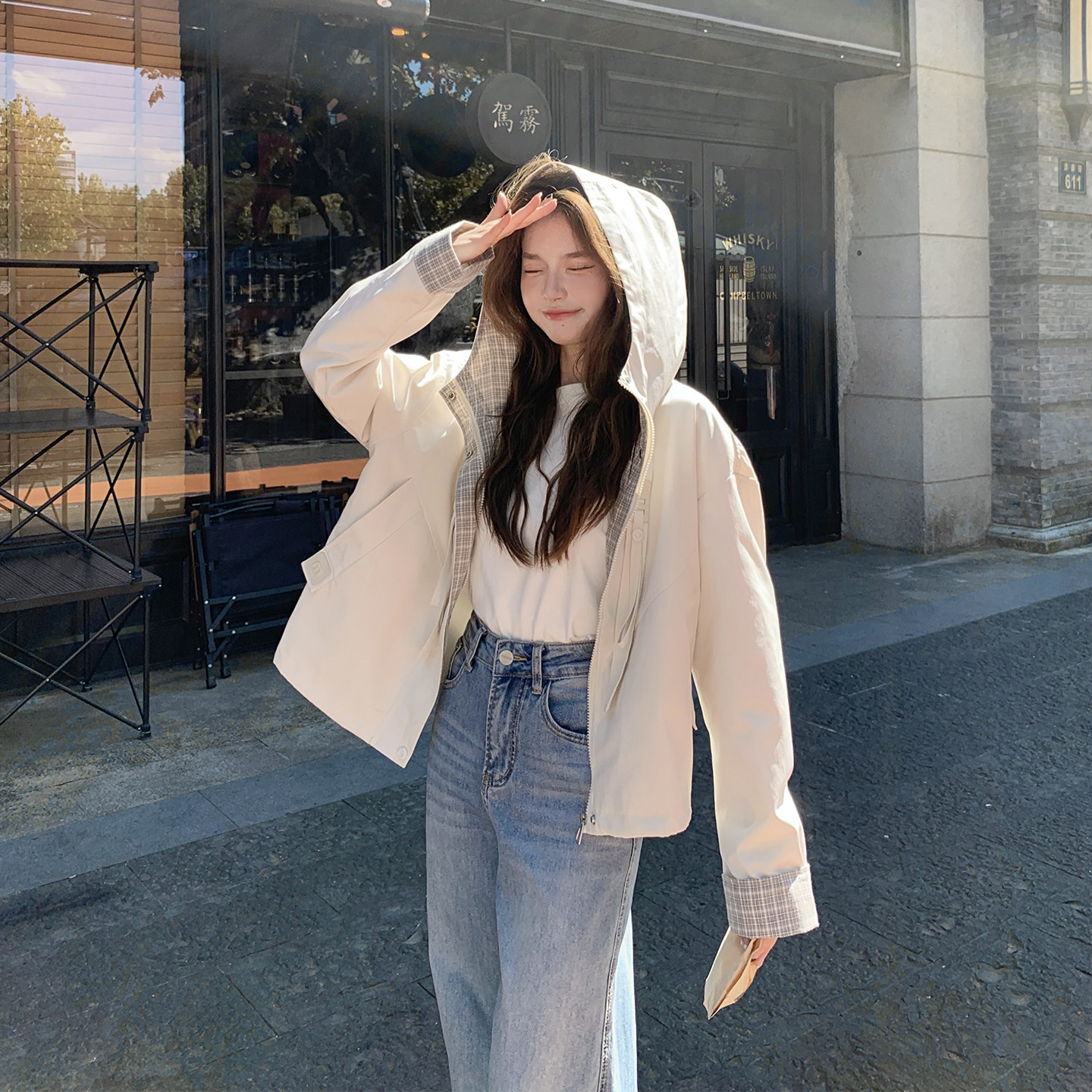 格子拼接超火连帽外套女春季2026新款韩系超火显瘦爆款高级感上衣