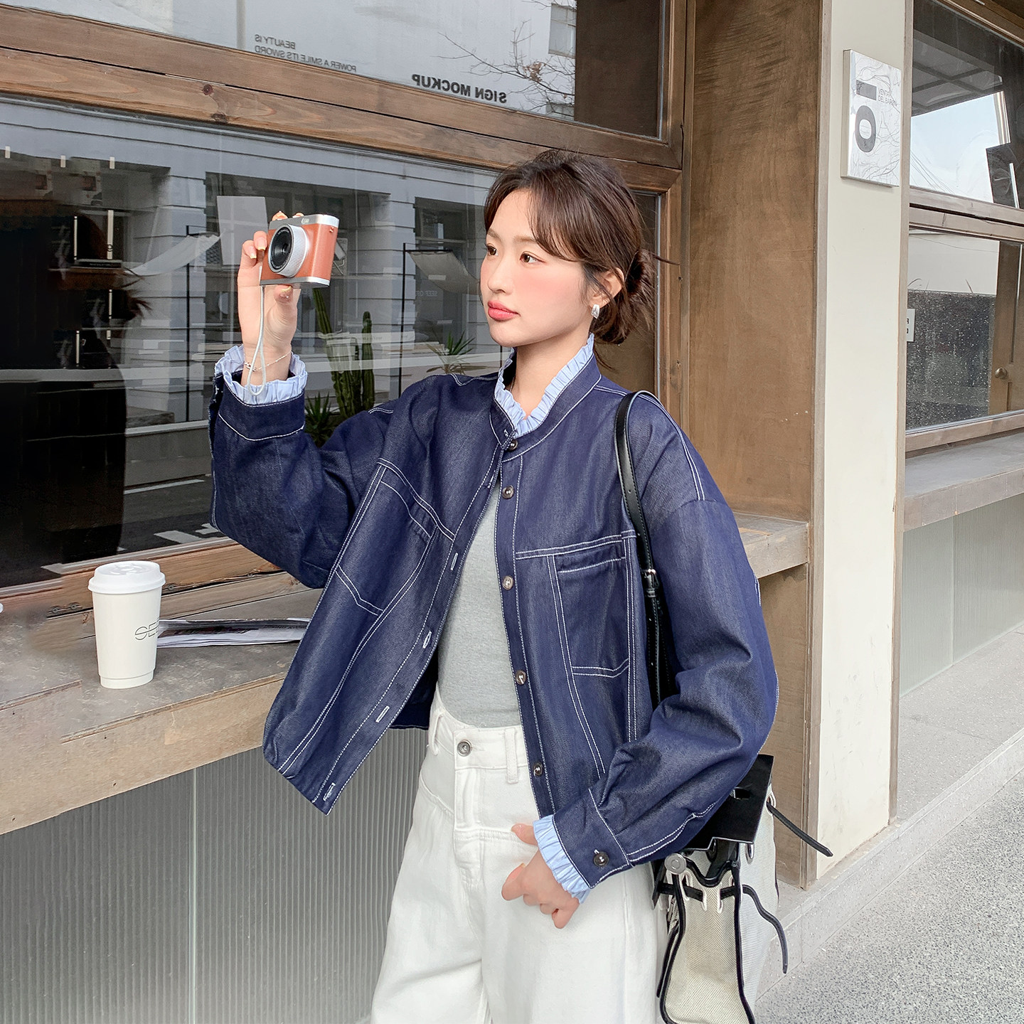 撞色木耳边拼接牛仔短外套女春季