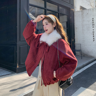 巨好看红色蝴蝶结麂皮绒外套女冬季2025新款小个子加绒加厚派克服