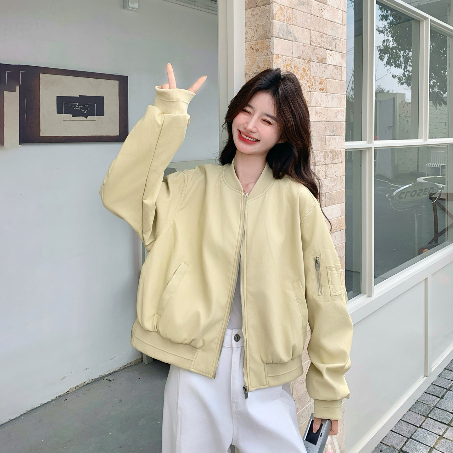 可甜巨好看黄色棒球服皮衣外套女