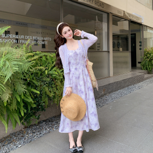 浅紫色针织衫法式碎花吊带连衣裙套装女春季2026新款温柔风两件套