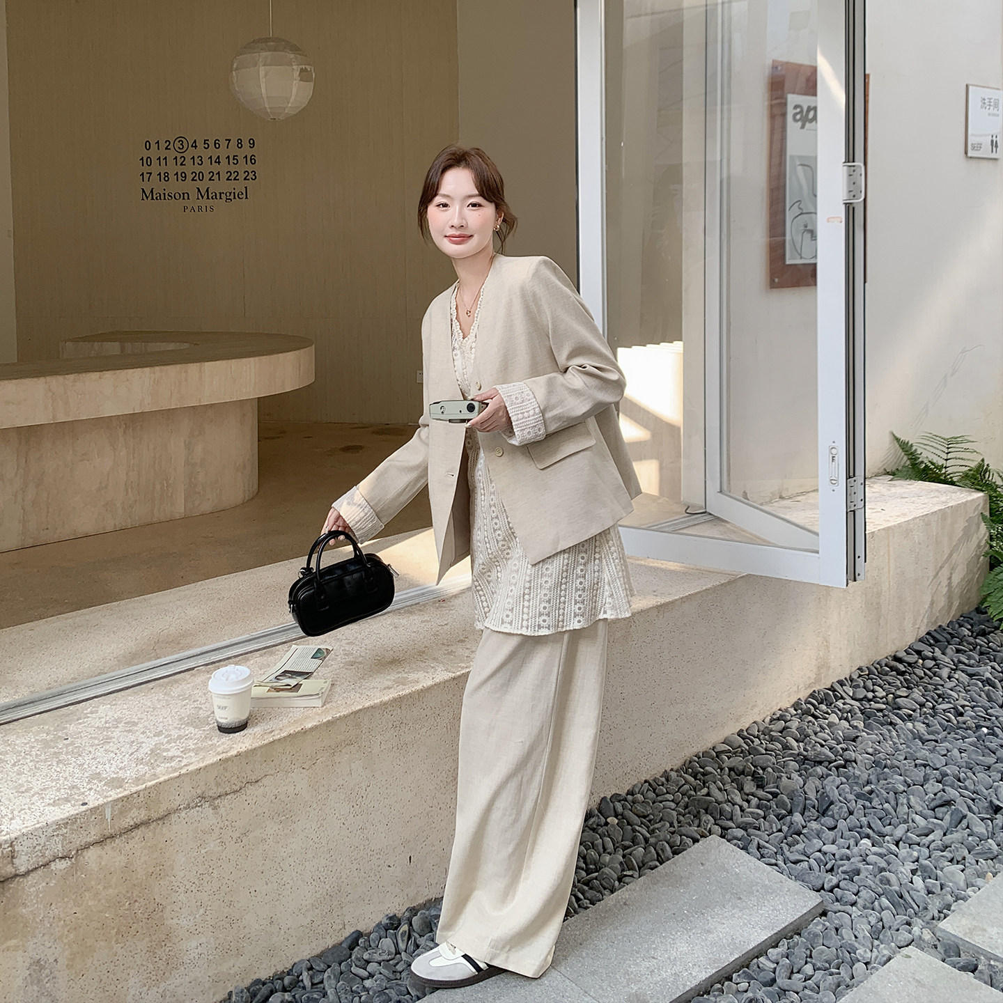 一整套V领西装花边背心阔腿裤套装女春季2026新款韩系穿搭三件套