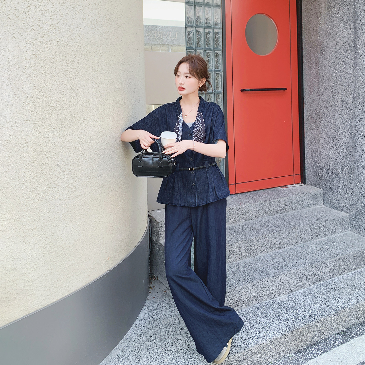 藏青色复古超火牛仔上衣套装女夏季2026新款流行爆款阔腿裤两件套