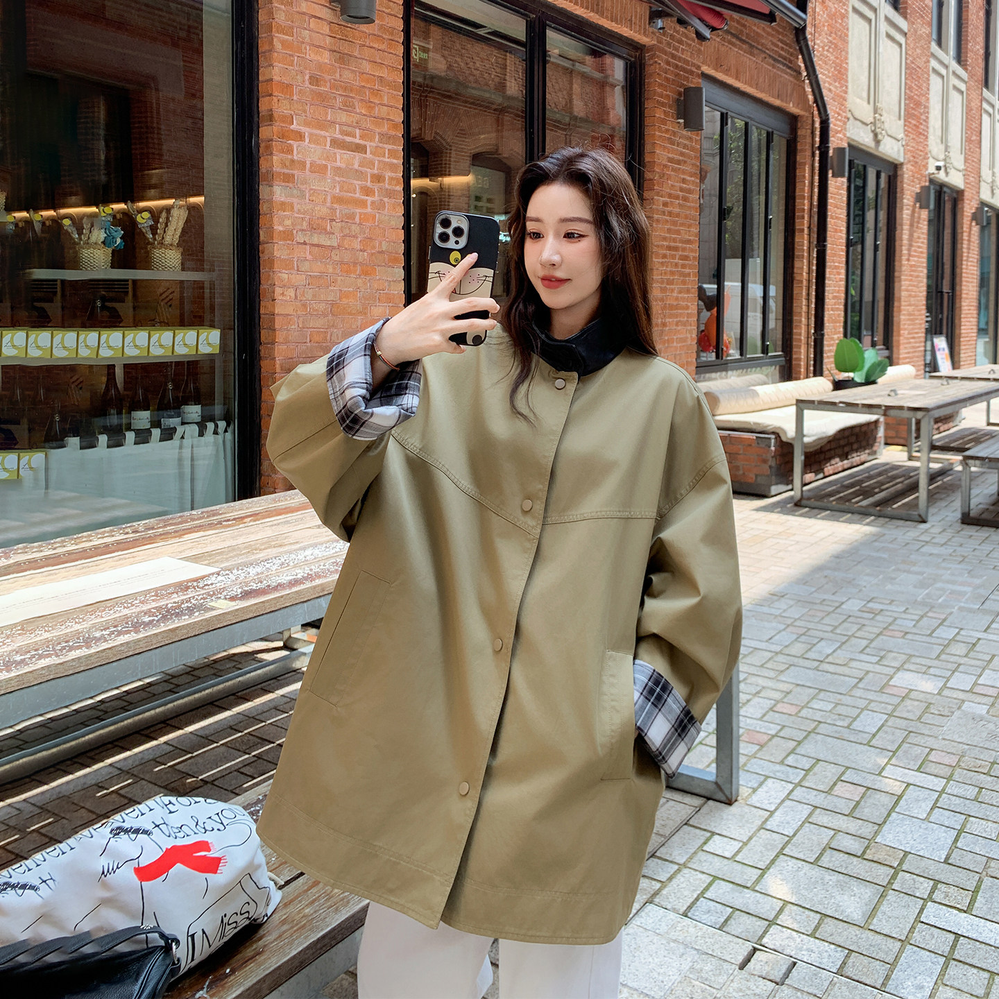 设计感卡其色格子两面穿风衣外套女春季2026新款中长款巨好看大衣