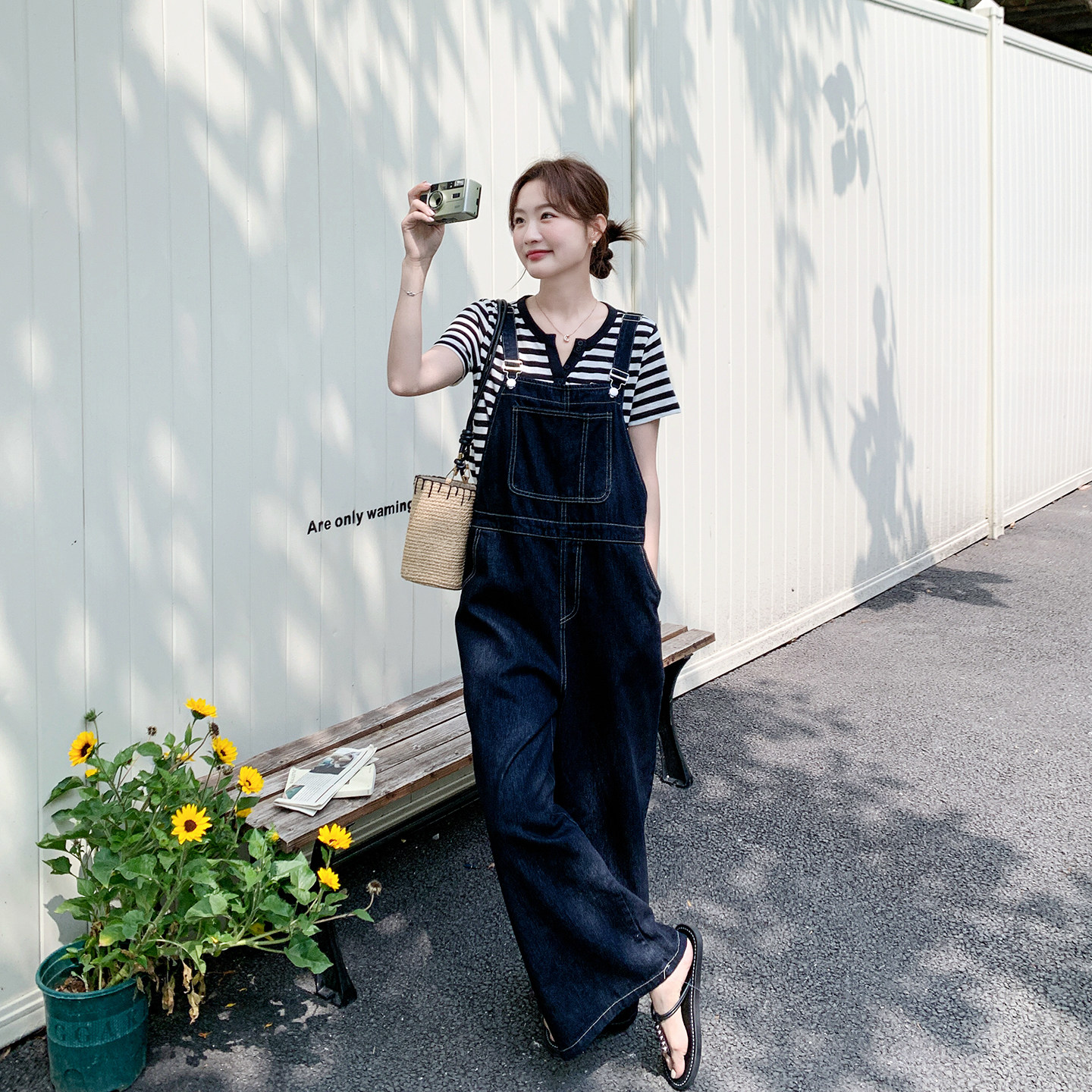 韩版学院风牛仔背带裤套装女夏季