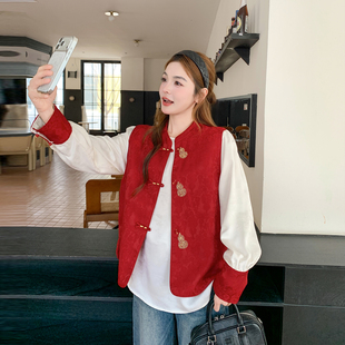 新中式国风盘扣红色马甲叠穿衬衫套装女春季2026新款小个子两件套