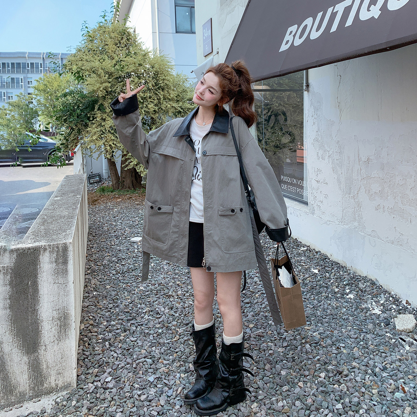 PU皮翻领灰色中长款风衣外套女春季2026新款工装减龄收腰显瘦大衣