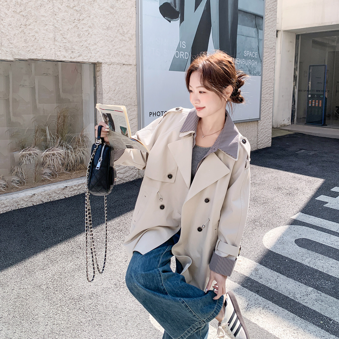 气质条纹拼接风衣外套女春季2026新款中长款今年流行爆款超火大衣