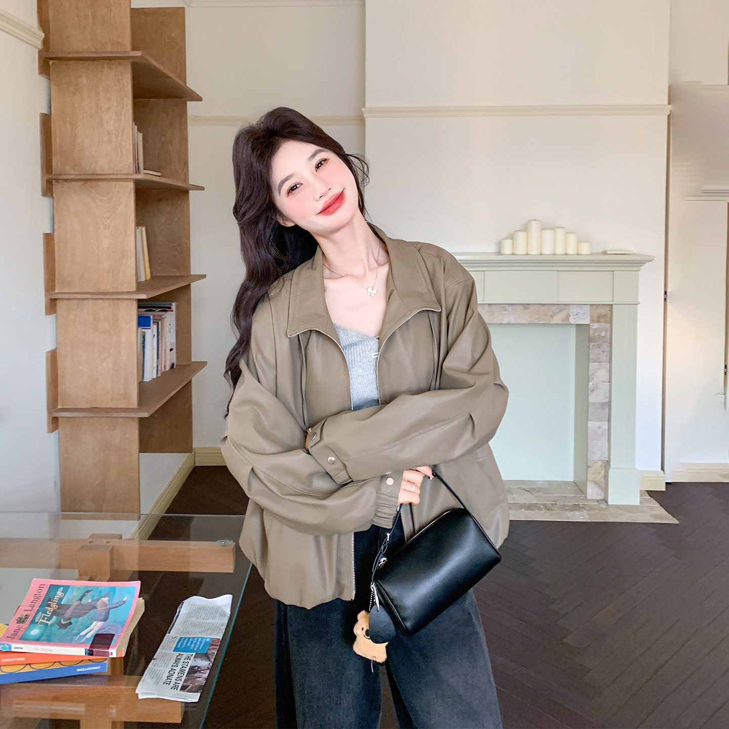 减龄甜美巨好看灰棕色皮衣外套女春季2026新款短款小个子PU皮夹克