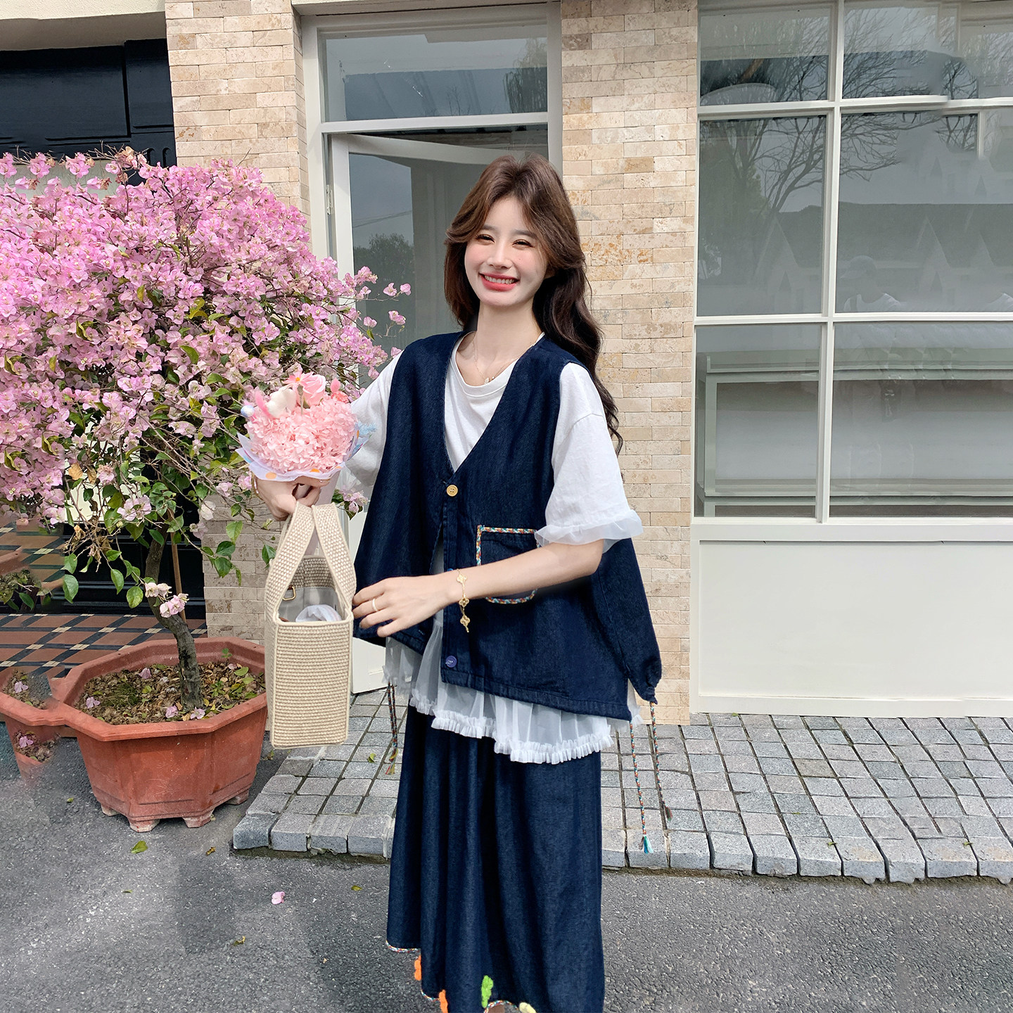 设计感牛仔马甲T恤套装女夏季新