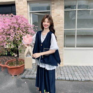 设计感牛仔马甲T恤套装女夏季2026新款俏皮活泼减龄阔腿裤三件套