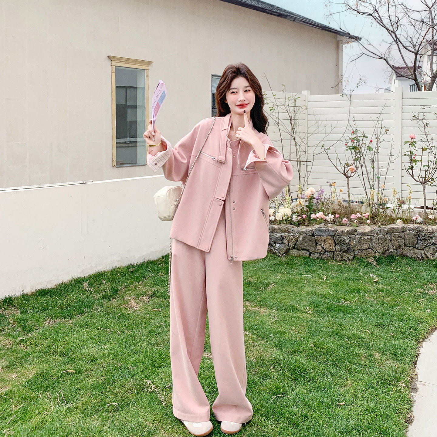 韩风chic一整套大方得体粉色套装女春季2026新款外套阔腿裤两件套