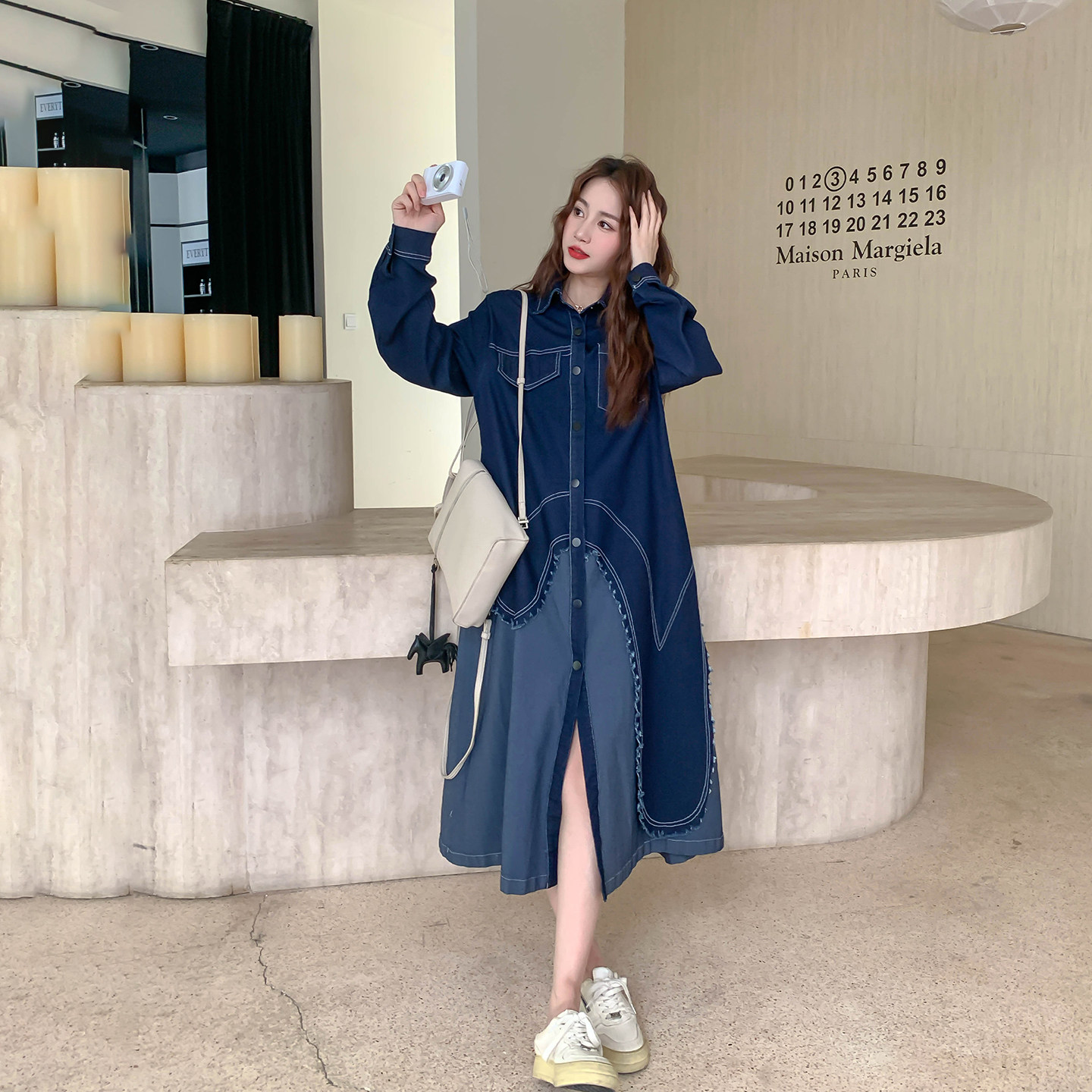 藏青色假两件拼接衬衫连衣裙女春季2026新款学院风复古巨好看长裙