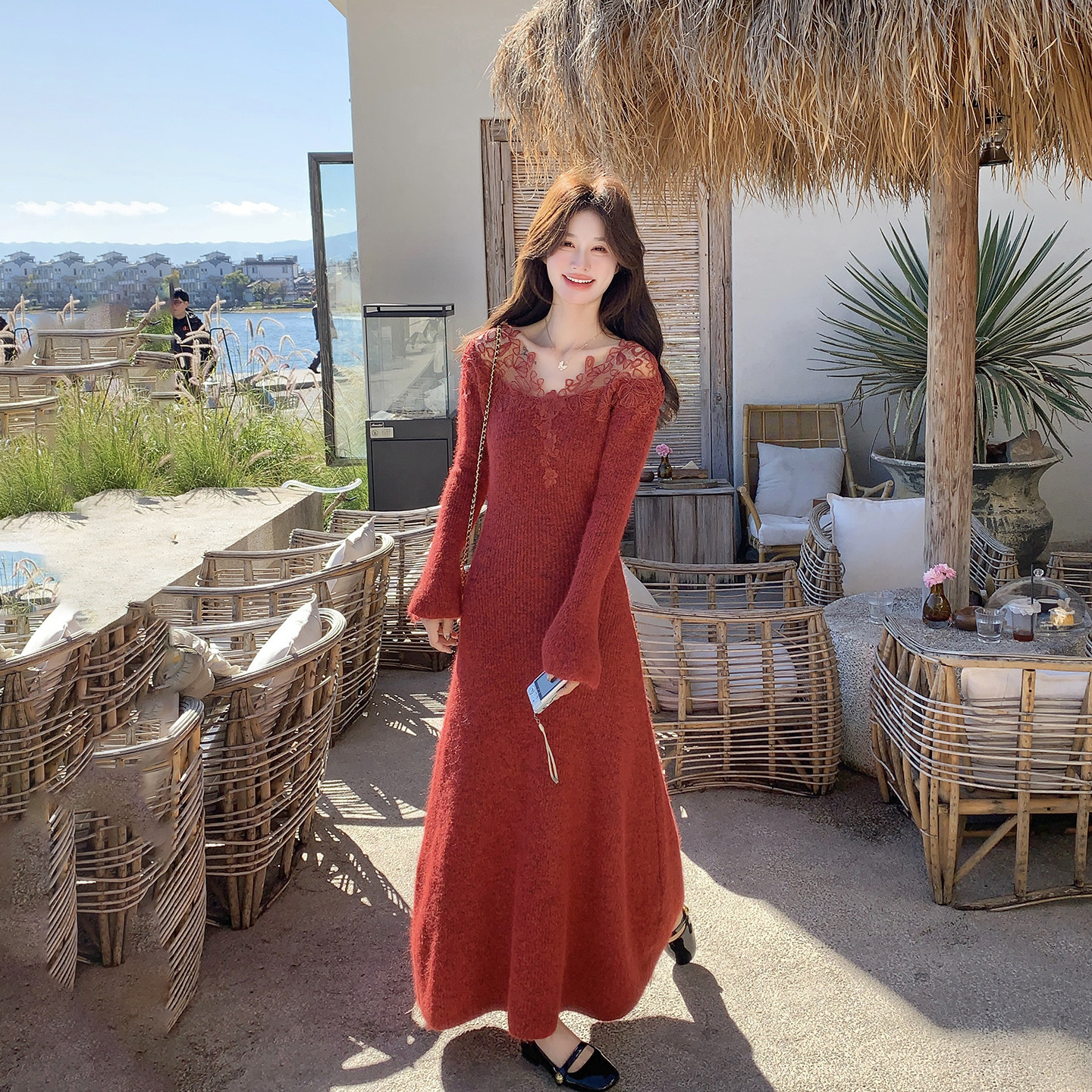 法式优雅红色蕾丝针织拼接连衣裙女春季2026新款巨好看千金风长裙