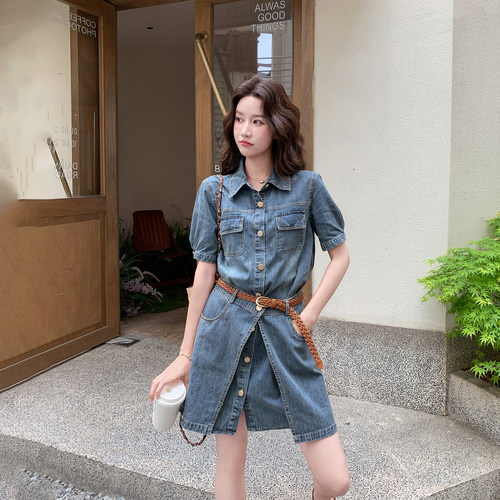 复古超好看牛仔翻领连衣裙套装女