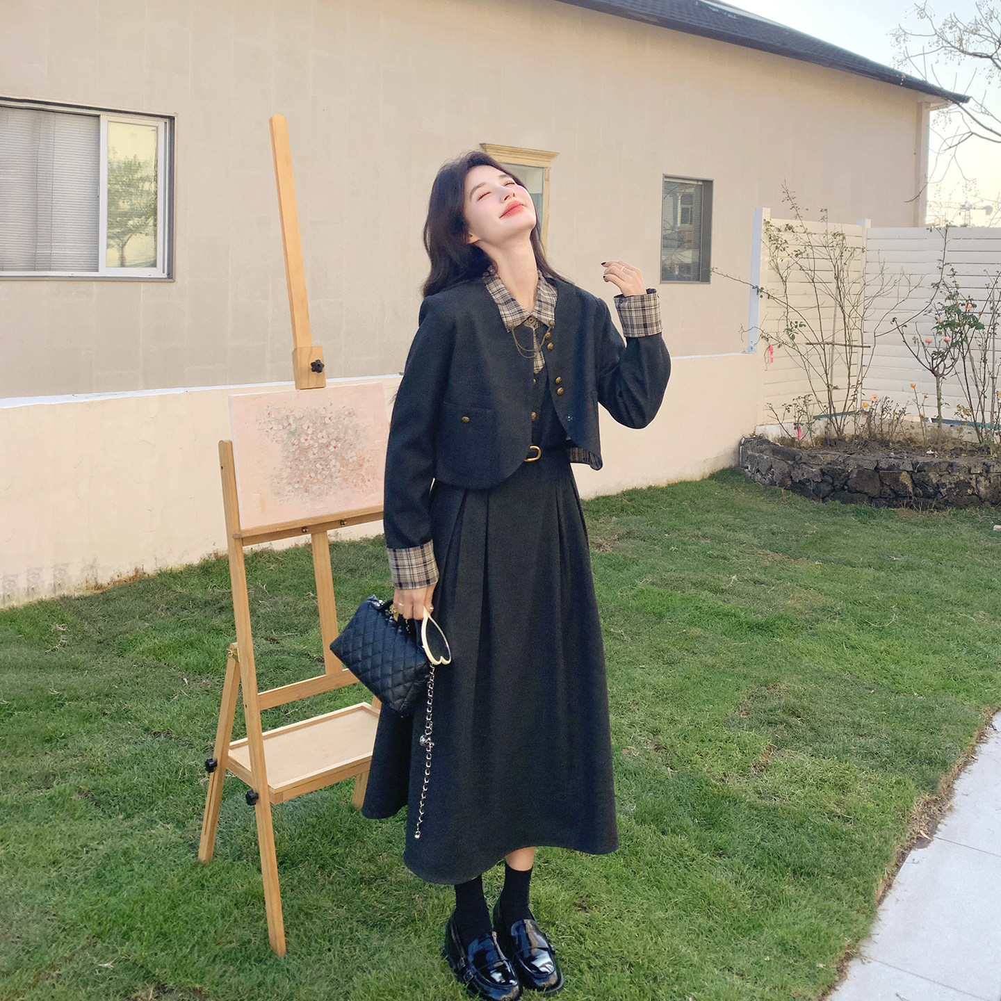 复古学院风格子拼接连衣裙套装女春季2026新款休闲灰色西装两件套