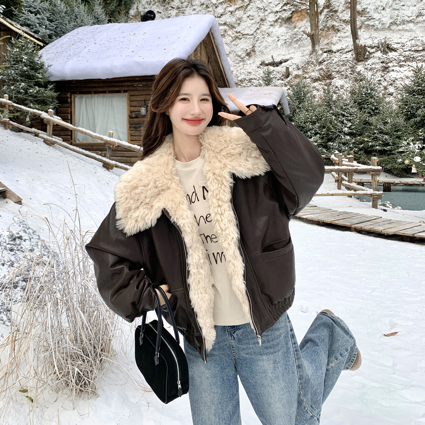 美式时髦个性翻毛领皮衣羽绒服