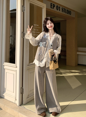 气质高级感刺绣马甲套装裤女春季2026新款独特漂亮蕾丝衬衫三件套