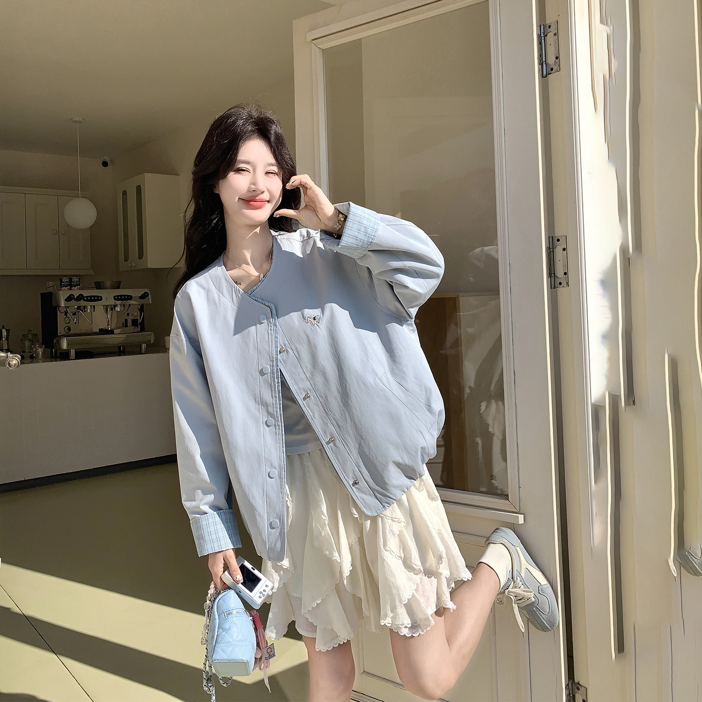 格纹拼接蓝色短皮衣外套女春季2026新款学院风小个子减龄超火夹克