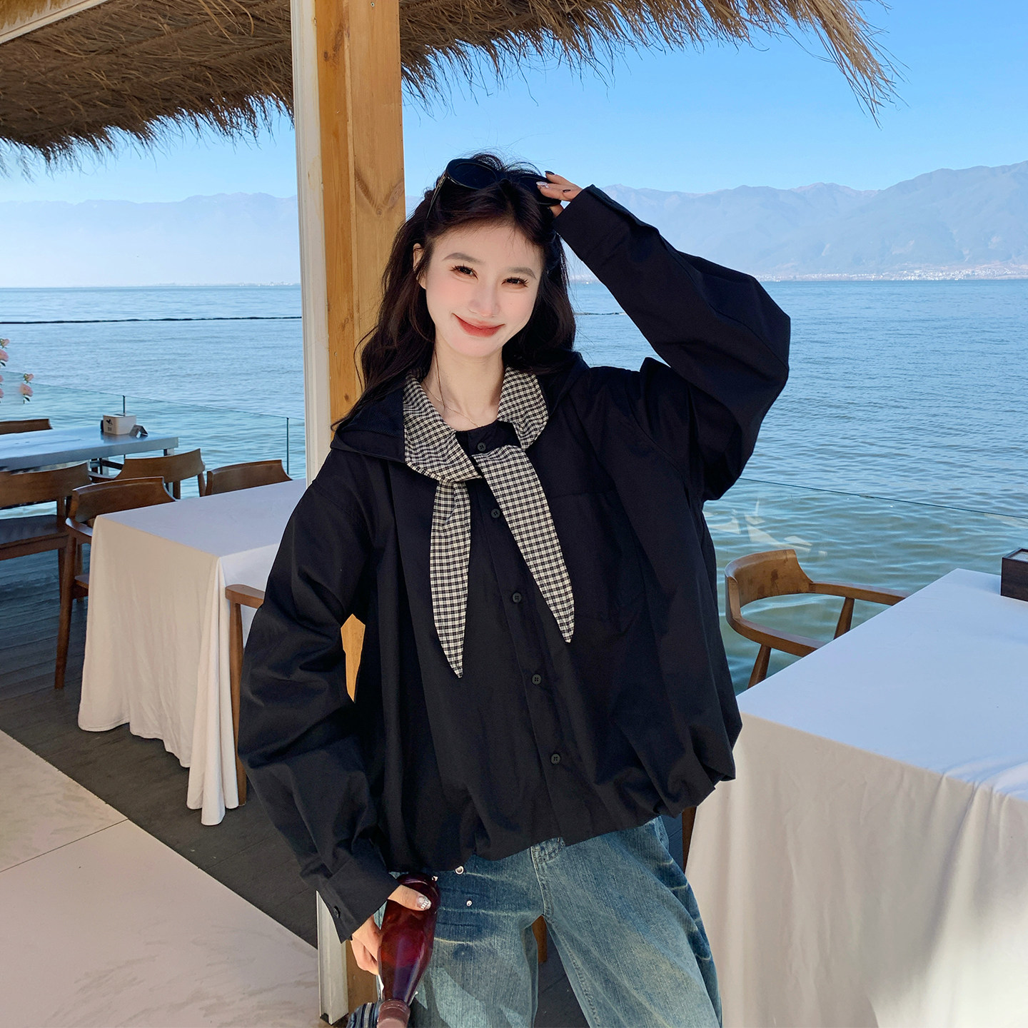 格子拼接休闲复古短款外套女春季2026新款今年流行爆款小个子夹克