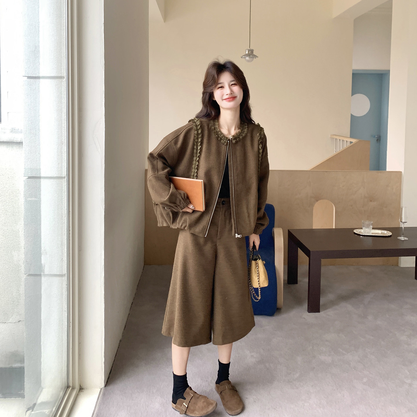 咖色木耳边外套阔腿裤套装女春季2026新款小个子复古巨好看两件套