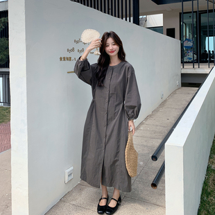 韩系减龄炭灰色收腰显瘦连衣裙女春季2026新款爆款巨好看衬衫长裙