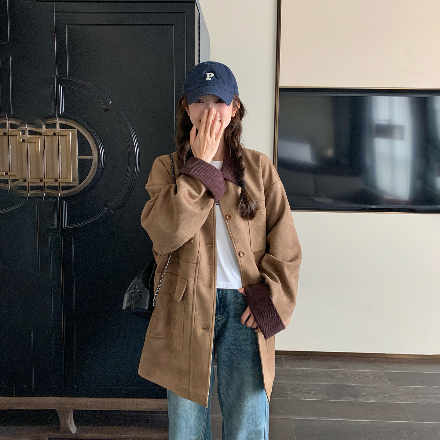 爆款高级感咖色麂皮绒外套女春季2026新款中长款流行气质超火大衣