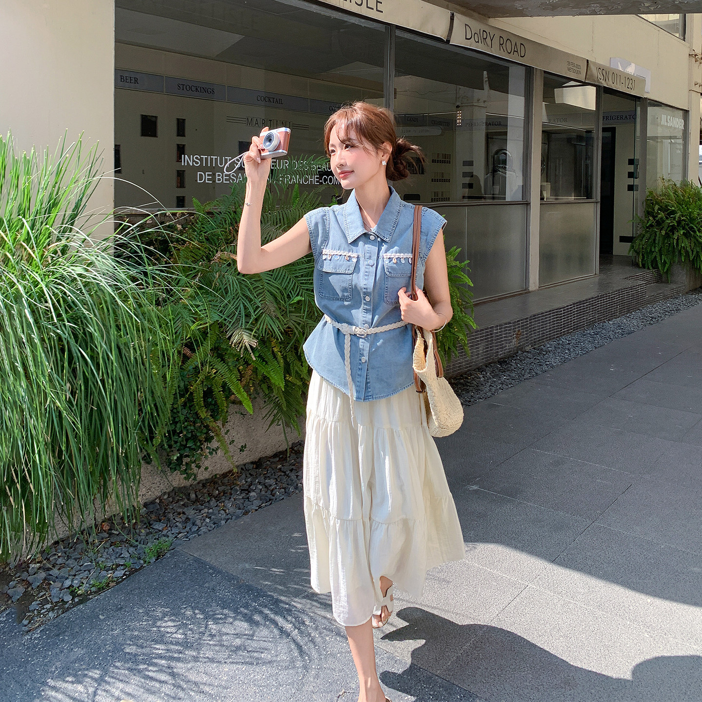 韩系穿搭蕾丝拼接牛仔马甲套装女夏季2026新款小个子半身裙两件套