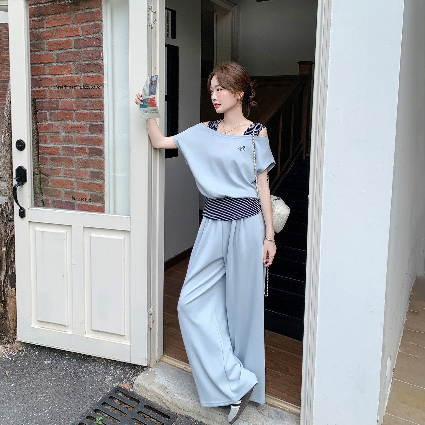 条纹拼接浅蓝色卫衣阔腿裤套装女夏季2026新款休闲运动爆款两件套