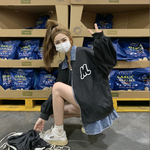 牛仔拼接假两件黑色外套女春季2026新款小个子韩里韩气巨好看夹克